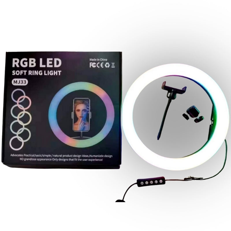 MJ33 RGB LED Soft Ring Light – 13-Inch Dimmable Selfie Light with Phone Holder & Tripod Stand