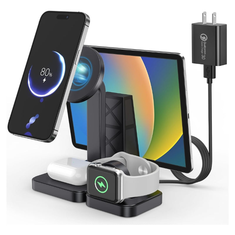 4-in-1 Magnetic Wireless Charging Station – 15W Fast Charger for iPhone, Apple Watch, AirPods, and iPad/Tablet with LED Night Light