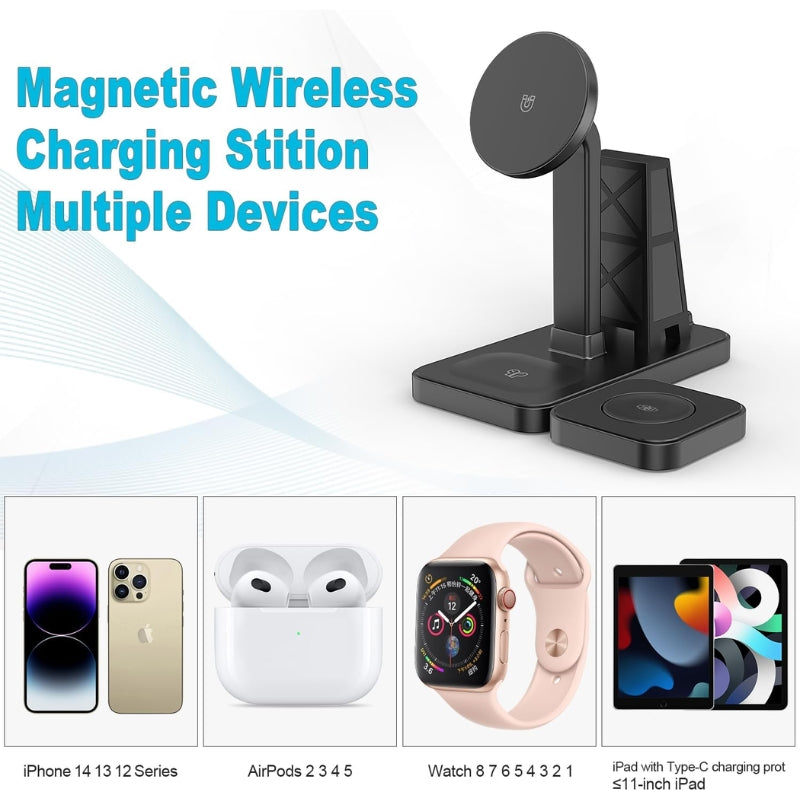4-in-1 Magnetic Wireless Charging Station – 15W Fast Charger for iPhone, Apple Watch, AirPods, and iPad/Tablet with LED Night Light