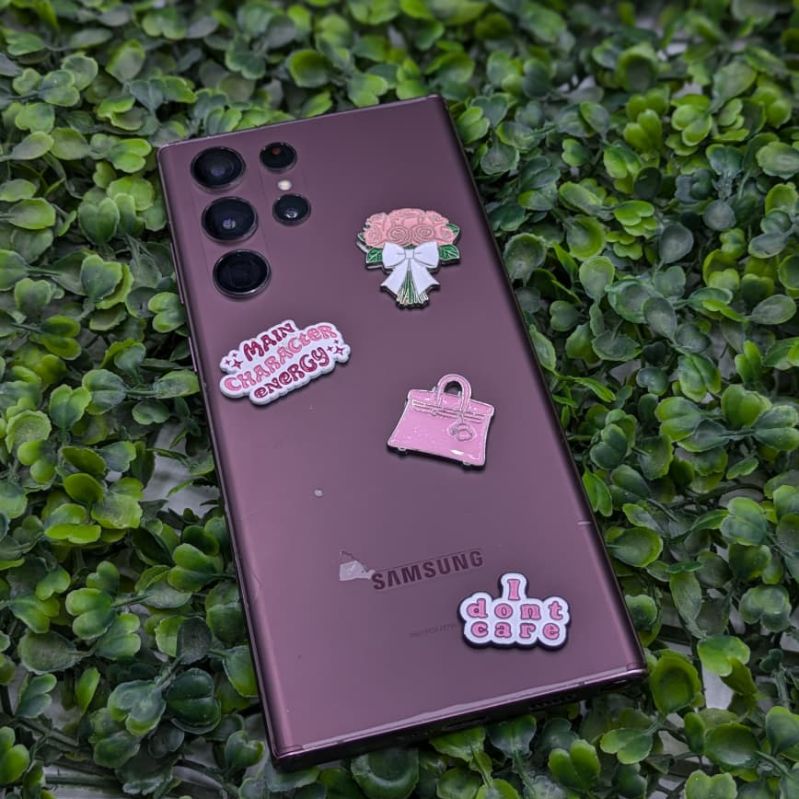 Main Character Energy, Flower Bouquet & Pink Luxury Bag Metal Sticker Pack - Set of 4 3D Metallic Phone Stickers