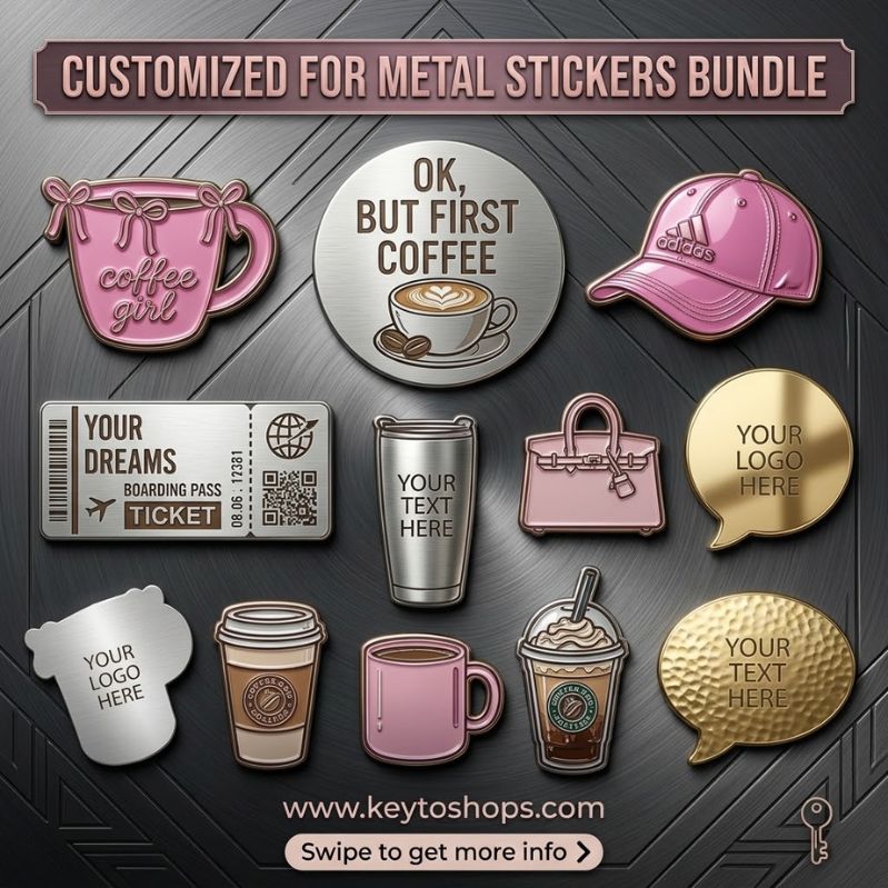 Customizable Metal Stickers Pack of 4 - Create Your Own Custom 3D Metallic Phone Sticker Bundle