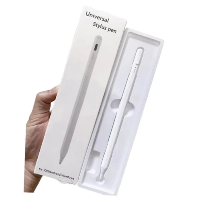 White universal stylus pen lying flat showing sleek ergonomic design